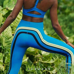 NWT New FREE PEOPLE Run Racer leggings MEDIUM blue yellow stripe high rise